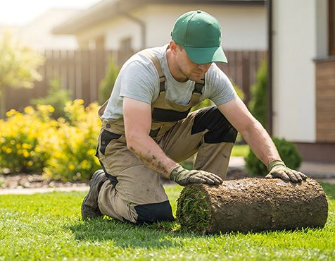 Professional white male worker installing new lawn turf rolls in a residential backyard on a bright sunny day. Generated using AI.